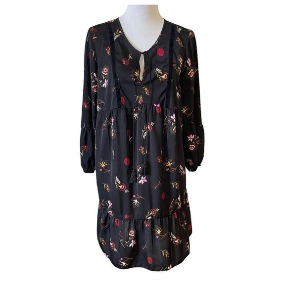 Old Navy Velvet Trim Black Floral Dress Size Medium - Picture 1 of 12
